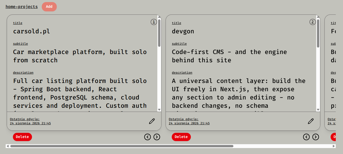 Content cards in the devgon admin panel